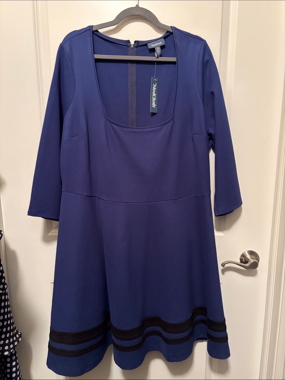 ModCloth Navy Blue Long Sleeve A-Line Dress with Black Hem Trim
